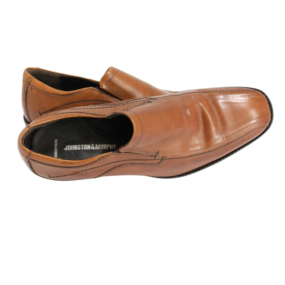 Johnston & Murphy Men's Brown Leather Slip-On Loafers Sheepskin Shoes Size 10